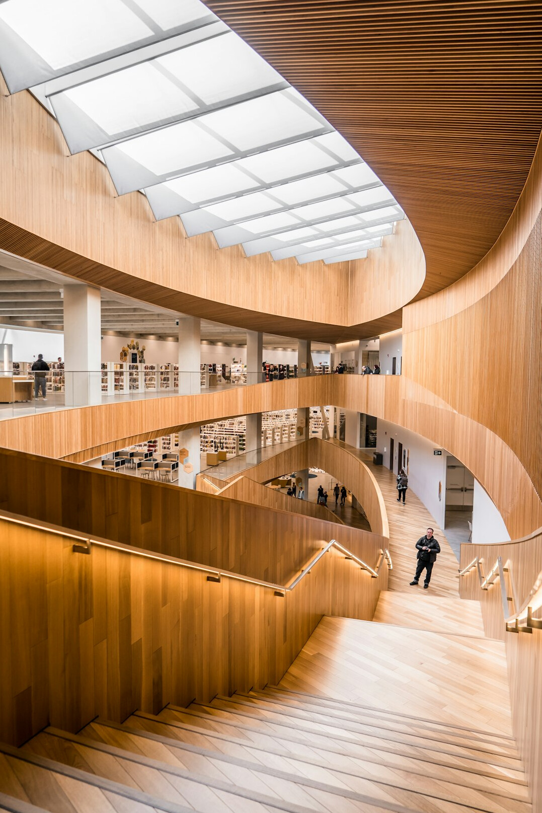 Bright modern library interior with curved staircase