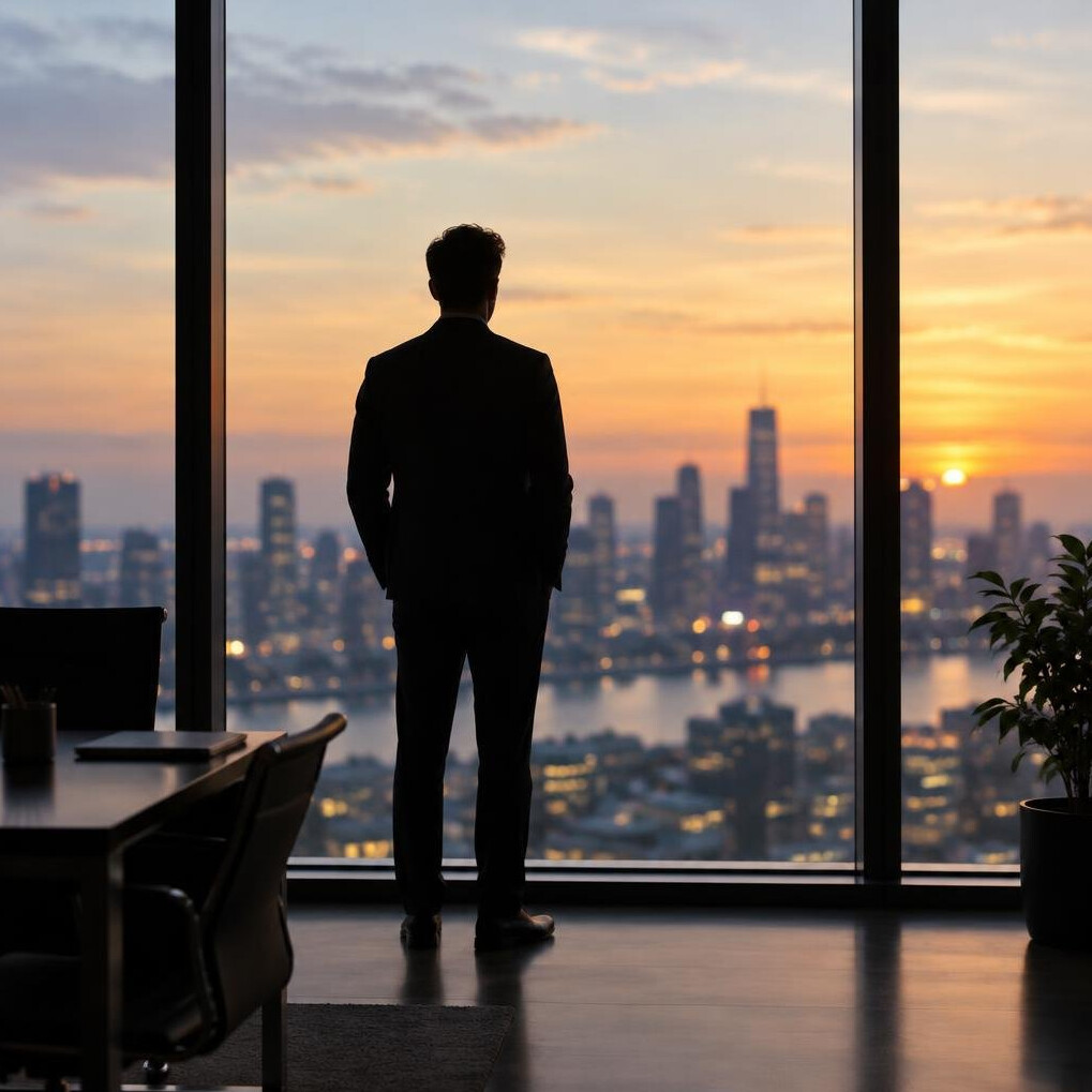 Silhouette of a person standing at a large window looking at the city